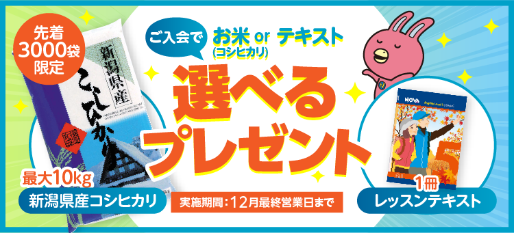 「選べるプレゼント」実施中！先着3000袋限定 新潟産コシヒカリorテキスト1冊　12月最終営業日まで