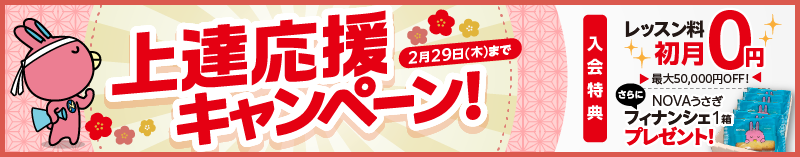 「上達応援キャンペーン!」レッスン料初月円、さらにNOVAうさぎフィナンシェプレゼント！2月29日まで。詳しくはこちら