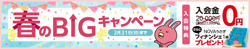 「春のBIGキャンペーン!」入会金0円、さらにNOVAうさぎフィナンシェプレゼント！3月31日まで。詳しくはこちら