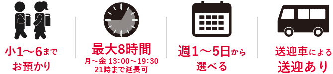小1～6までお預かり／最大8時間／週1～5から選べる／送迎車による送迎あり