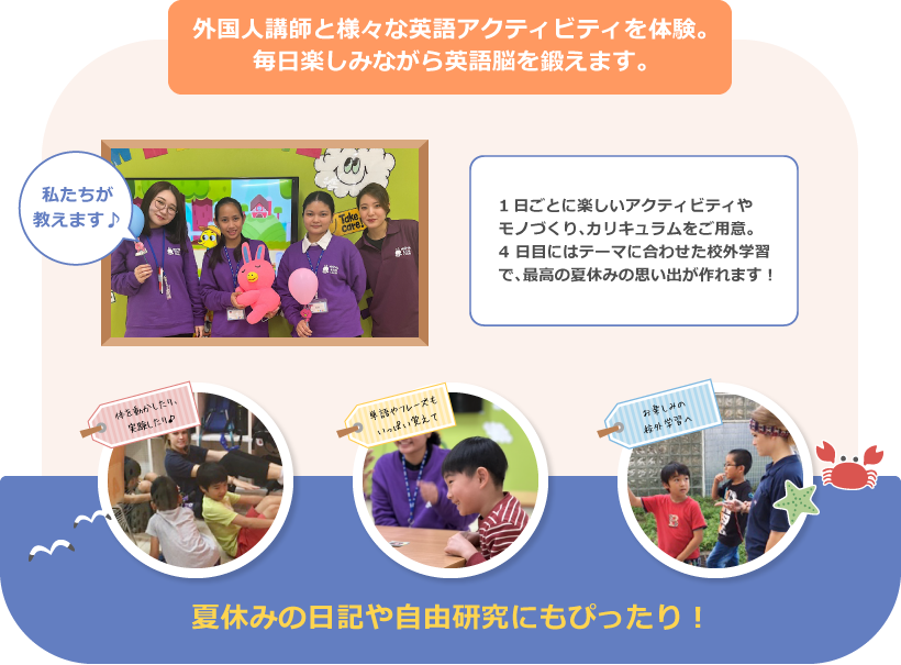 外国人講師と様々な英語アクティビティを体験。毎日楽しみながら英語脳を鍛えます。