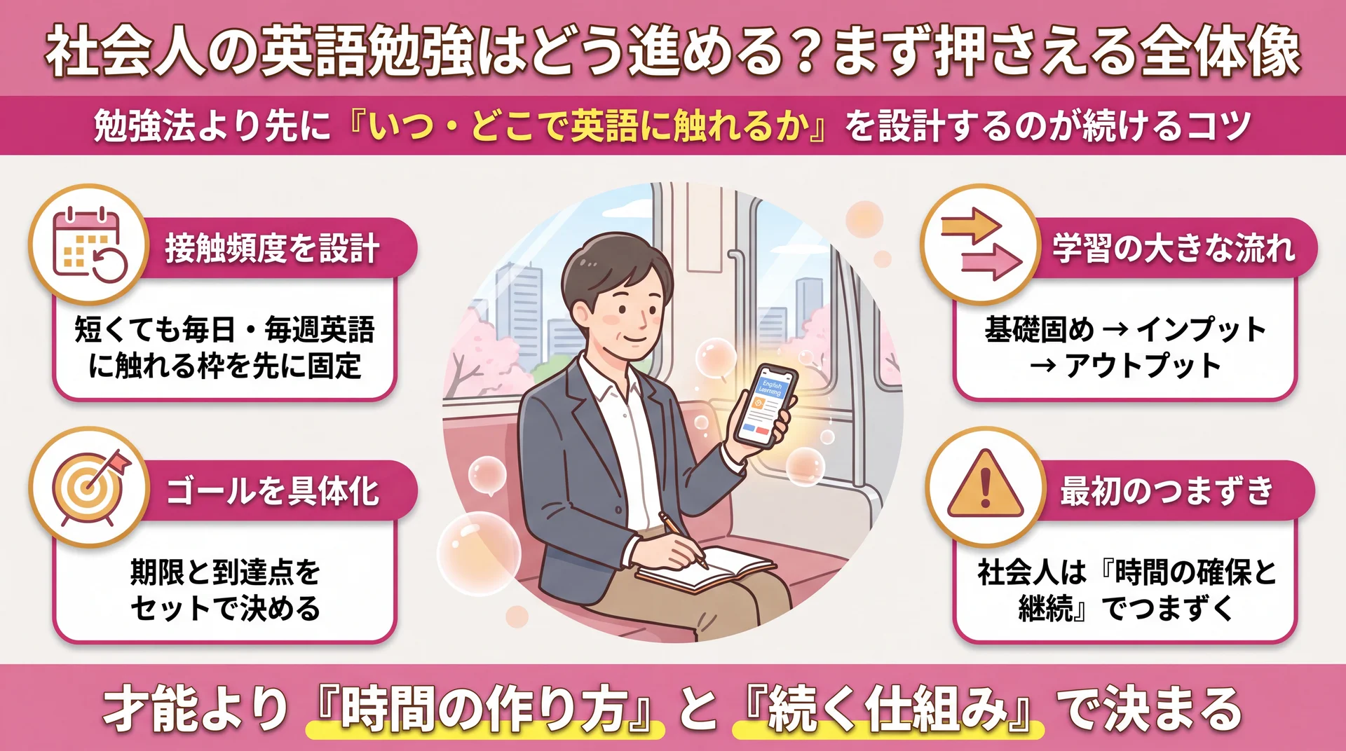 接触頻度の設計・ゴール具体化・学習の流れ・つまずき点の4観点で社会人英語の全体像を整理した図
